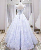 Light Blue Tulle Lace Long Formal Prom Dresses, Blue Formal Evening Dresses