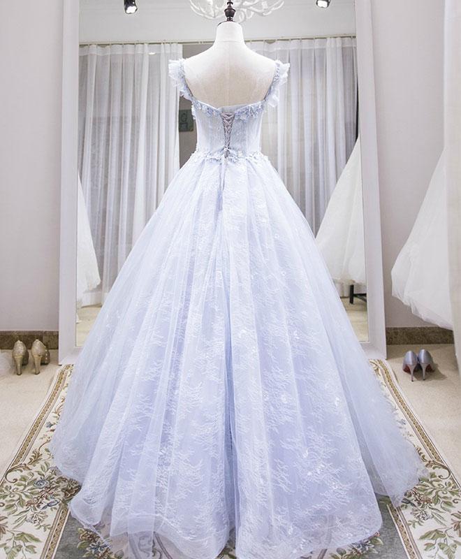 Light Blue Tulle Lace Long Formal Prom Dresses, Blue Formal Evening Dresses