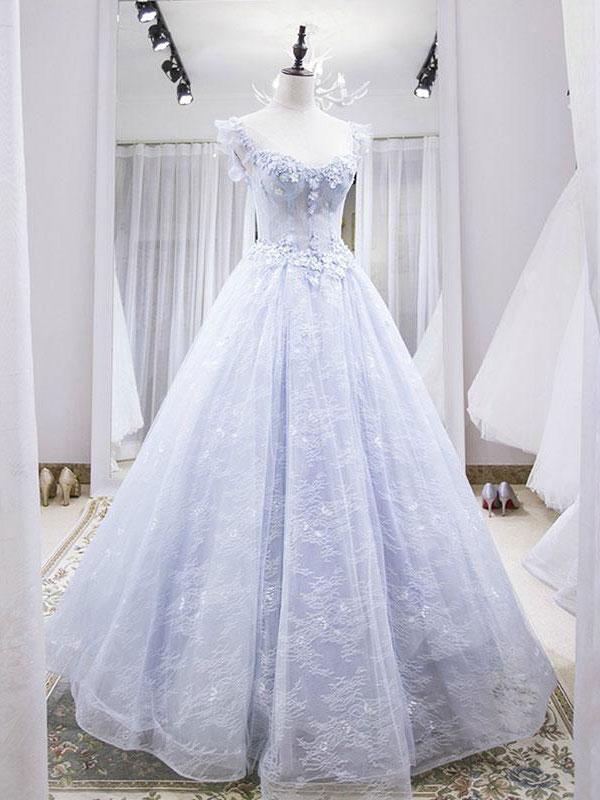 Light Blue Tulle Lace Long Formal Prom Dresses, Blue Formal Evening Dresses Main image