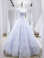 Light Blue Tulle Lace Long Formal Prom Dresses, Blue Formal Evening Dresses