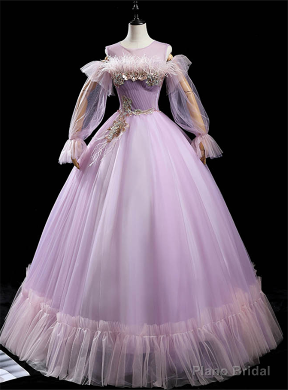 Light Purple Tulle Long Sleeve Appliques Pleats Feather Quinceanera Dress Main image
