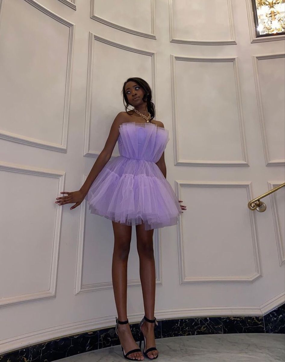 Light Purple Tulle Mini Formal Prom Dresses Strapless Pleated Homecoming Dresses Secondary image