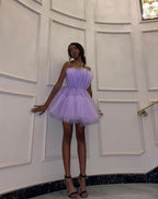 Light Purple Tulle Mini Formal Prom Dresses Strapless Pleated Homecoming Dresses