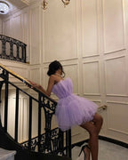 Light Purple Tulle Mini Formal Prom Dresses Strapless Pleated Homecoming Dresses