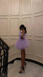 Light Purple Tulle Mini Formal Prom Dresses Strapless Pleated Homecoming Dresses