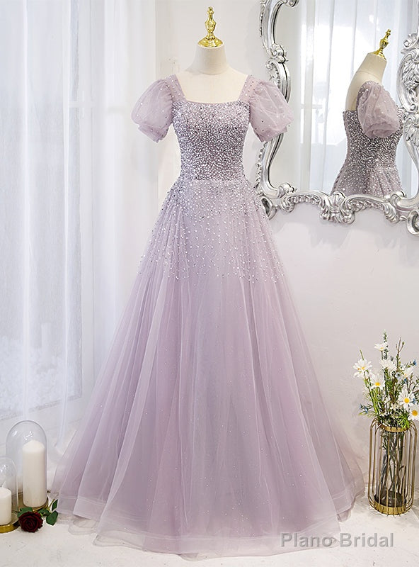 Light Purple Tulle Puff Sleeve Beading Prom Dress Main image
