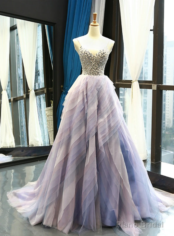 Light Purple Tulle Spaghetti Straps Tulle Backless Crystal Prom Dress Main image