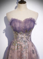 Light Purple Tulle With Lace A-Line Party Dresses, Purple Long Formal Dresses Formal Evening Dresses