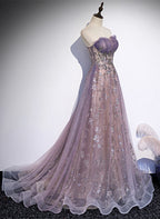 Light Purple Tulle With Lace A-Line Party Dresses, Purple Long Formal Dresses Formal Evening Dresses