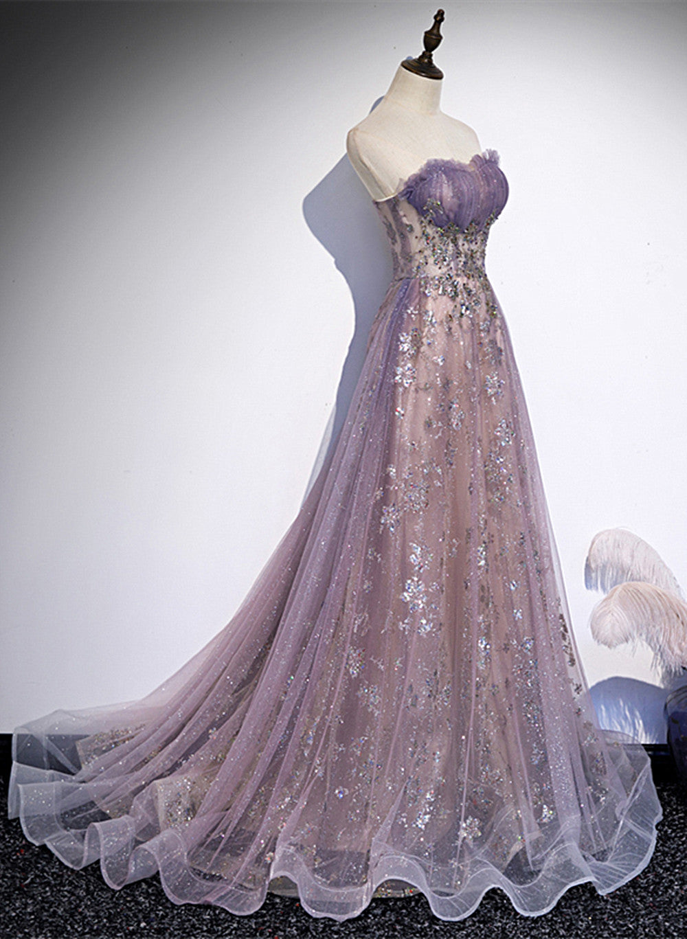 Light Purple Tulle With Lace A-Line Party Dresses, Purple Long Formal Dresses Formal Evening Dresses
