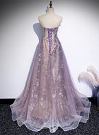Light Purple Tulle With Lace A-Line Party Dresses, Purple Long Formal Dresses Formal Evening Dresses