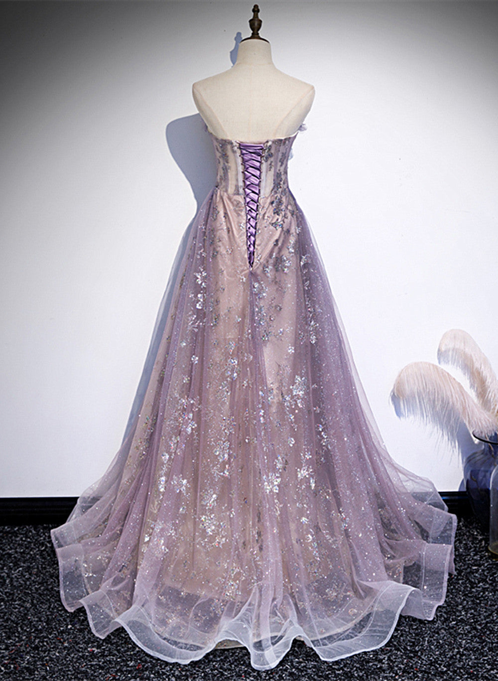 Light Purple Tulle With Lace A-Line Party Dresses, Purple Long Formal Dresses Formal Evening Dresses