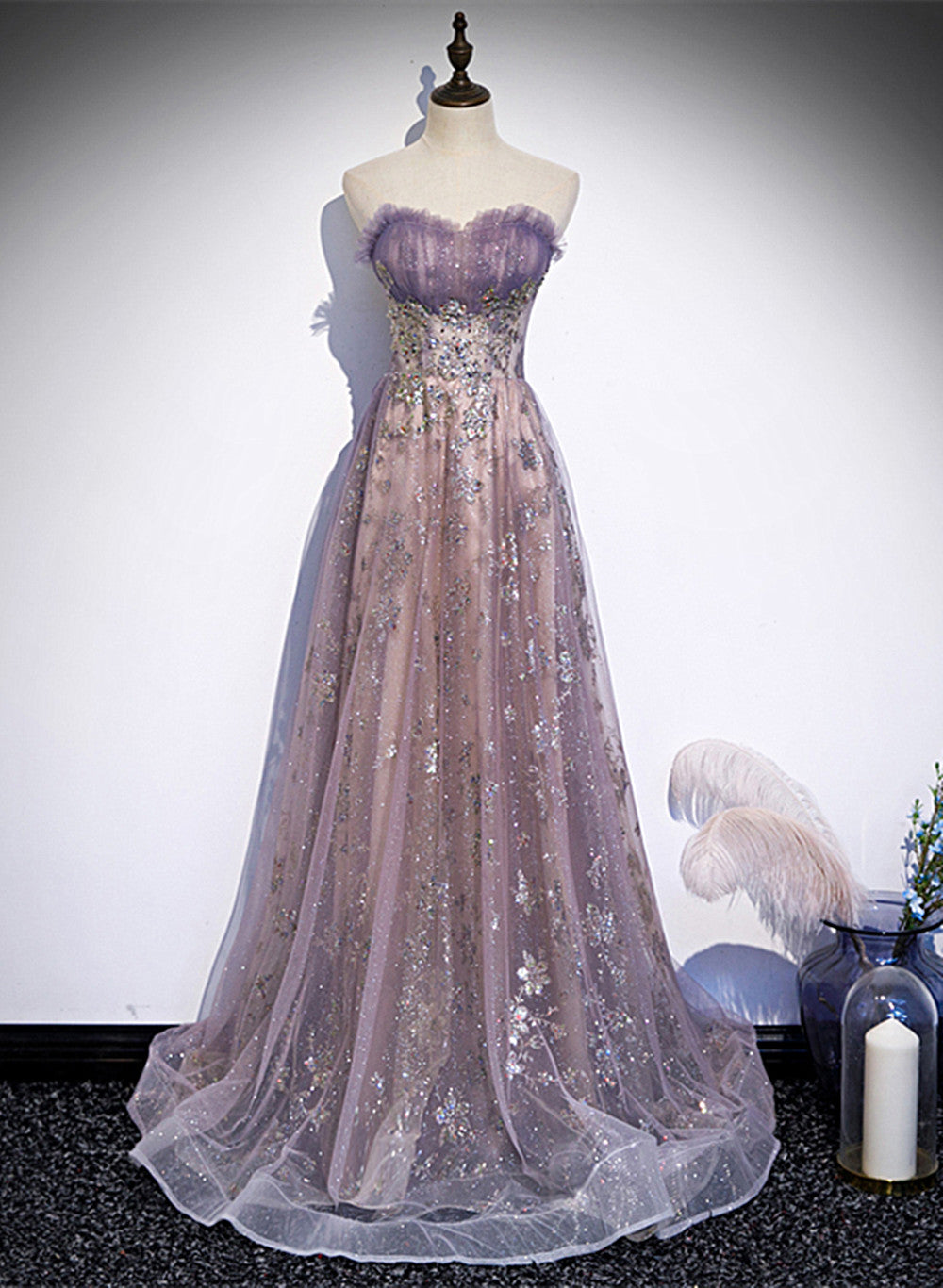 Light Purple Tulle With Lace A-Line Party Dresses, Purple Long Formal Dresses Formal Evening Dresses Main image