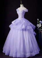 Light Purple Tulle With Lace Off Shoulder Sweet 16 Dresses, Light Purple Formal Dresses