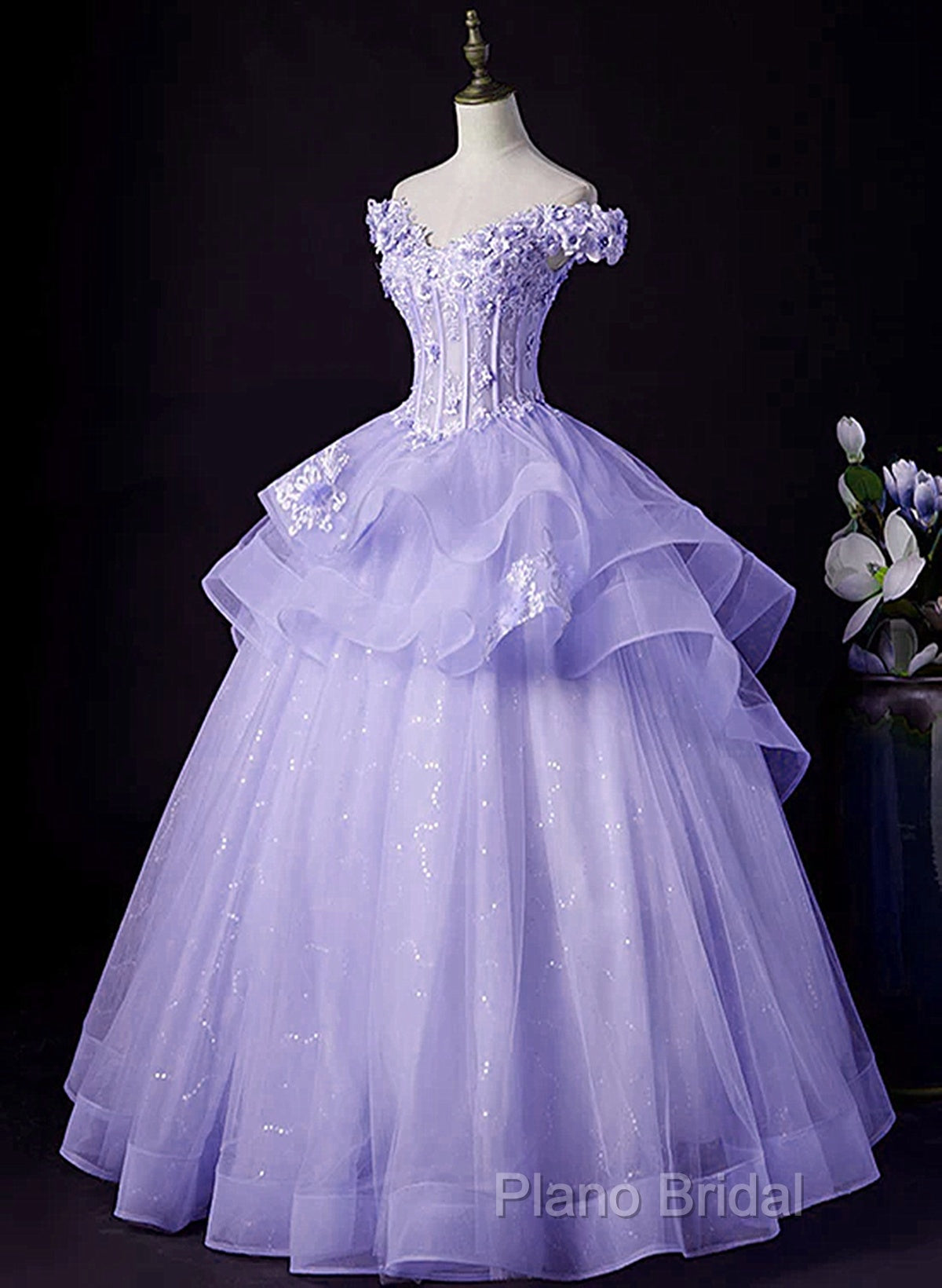 Light Purple Tulle With Lace Off Shoulder Sweet 16 Dresses, Light Purple Formal Dresses