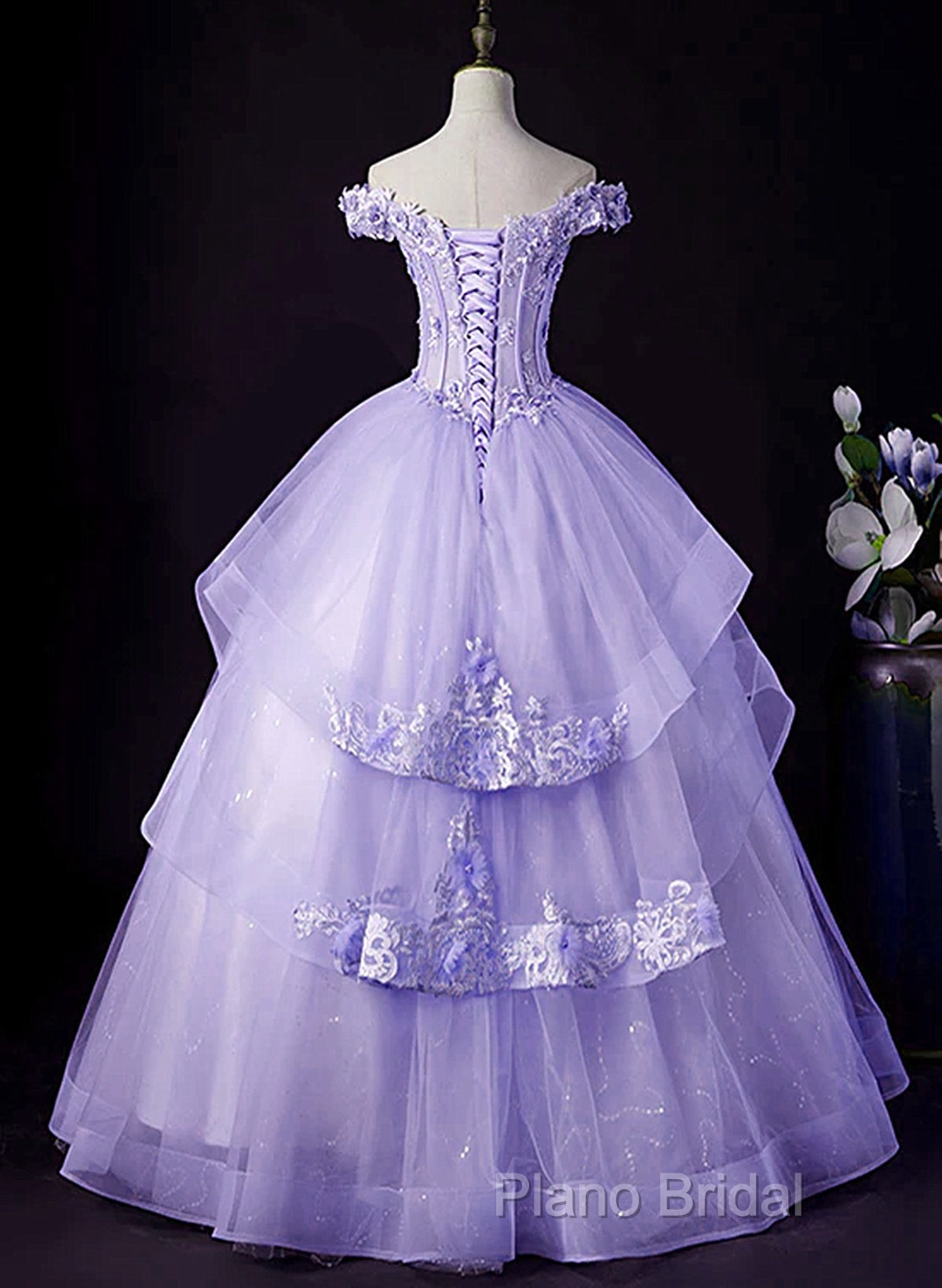 Light Purple Tulle With Lace Off Shoulder Sweet 16 Dresses, Light Purple Formal Dresses