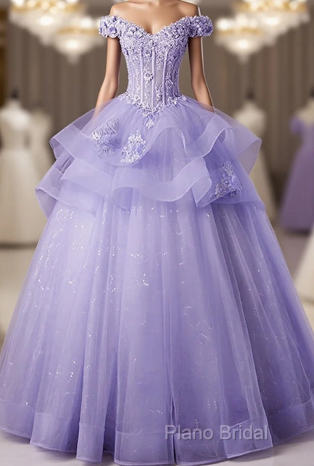 Light Purple Tulle With Lace Off Shoulder Sweet 16 Dresses, Light Purple Formal Dresses Main image