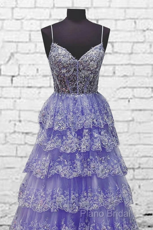 Light Purple V Neck Layered Lace Formal Prom Dresses Secondary image