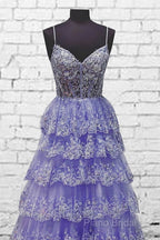 Light Purple V Neck Layered Lace Formal Prom Dresses