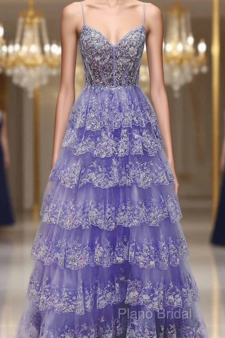 Light Purple V Neck Layered Lace Formal Prom Dresses Main image