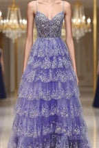 Light Purple V Neck Layered Lace Formal Prom Dresses