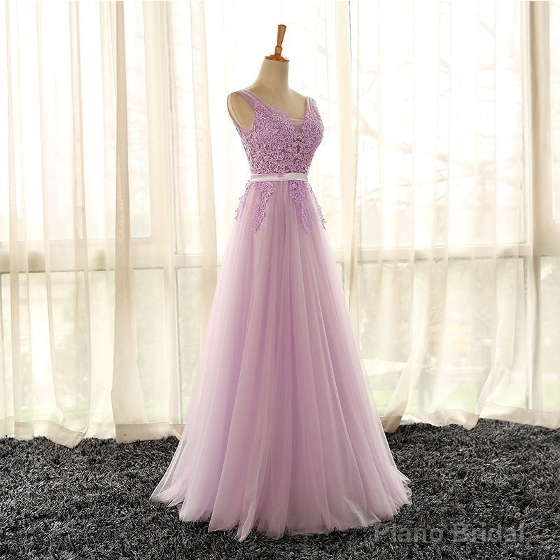 Light Purple V-neckline Long Formal Dress, Tulle Lace Applique Bridesmaid Dress Main image
