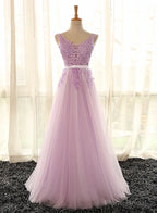 Light Purple V-neckline Long Formal Dress, Tulle Lace Applique Bridesmaid Dress