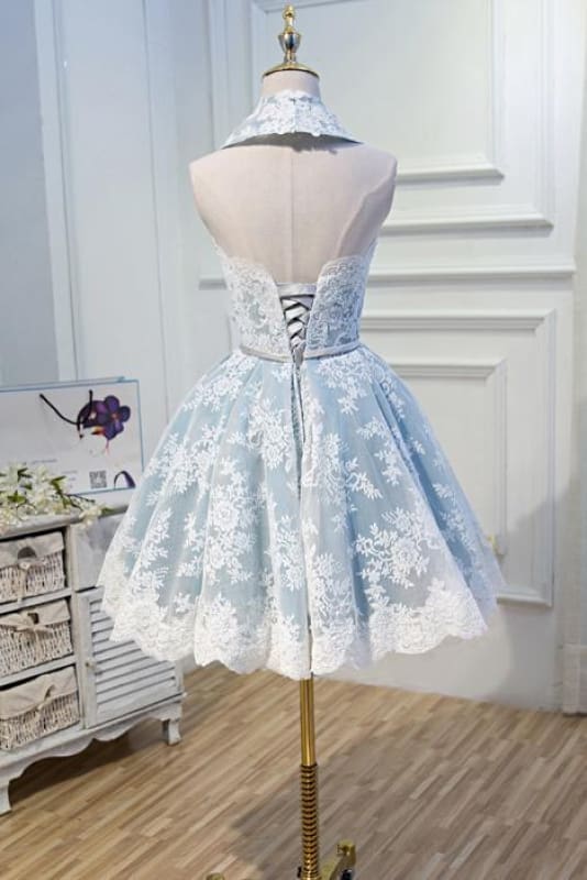 Light Sky Blue Halter Homecoming with Lace Appliques Cute Short Formal Dresses