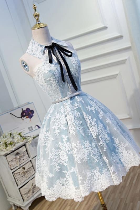 Light Sky Blue Halter Homecoming with Lace Appliques Cute Short Formal Dresses