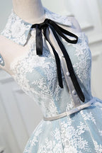 Light Sky Blue Halter Homecoming with Lace Appliques Cute Short Formal Dresses