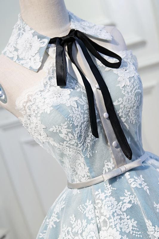 Light Sky Blue Halter Homecoming with Lace Appliques Cute Short Formal Dresses
