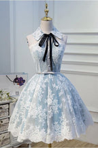 Light Sky Blue Halter Homecoming with Lace Appliques Cute Short Formal Dresses