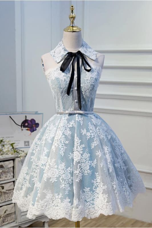 Light Sky Blue Halter Homecoming with Lace Appliques Cute Short Formal Dresses