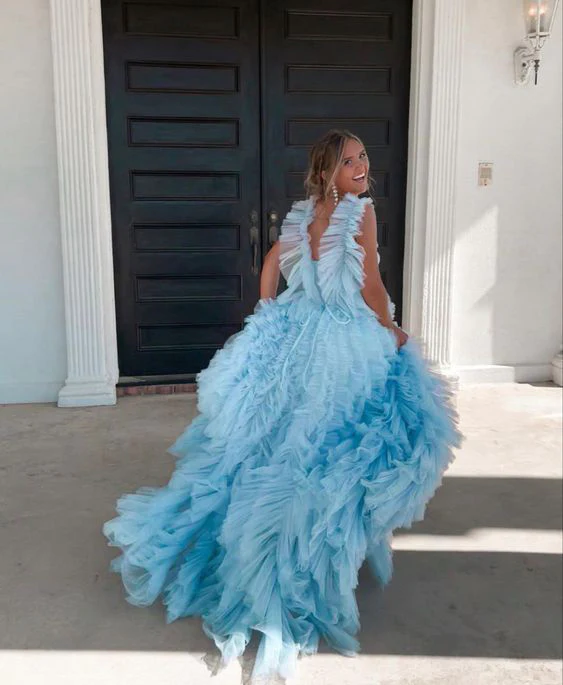 Light Sky Blue Tulle Princess Ruffle Straps With Tiered Long Formal Prom Dresses