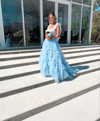 Light Sky Blue Tulle Princess Ruffle Straps With Tiered Long Formal Prom Dresses