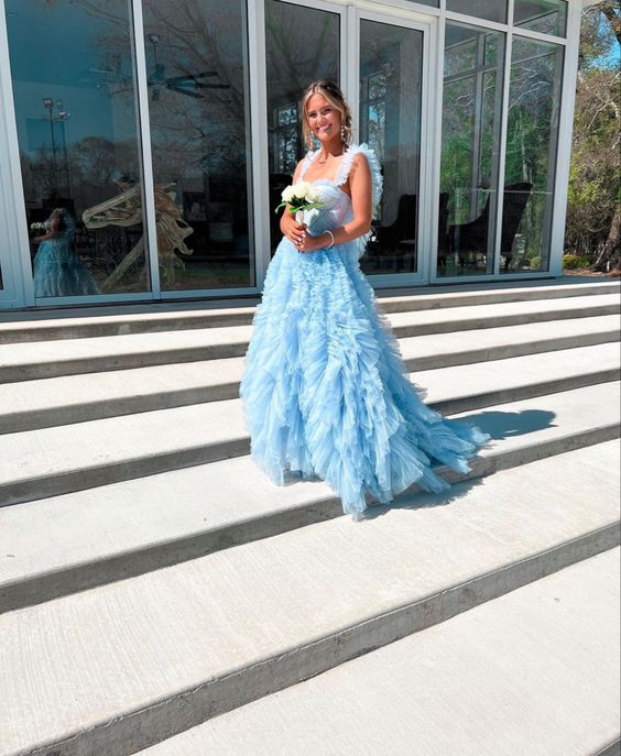 Light Sky Blue Tulle Princess Ruffle Straps With Tiered Long Formal Prom Dresses