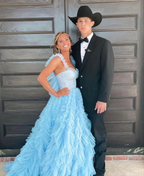 Light Sky Blue Tulle Princess Ruffle Straps With Tiered Long Formal Prom Dresses
