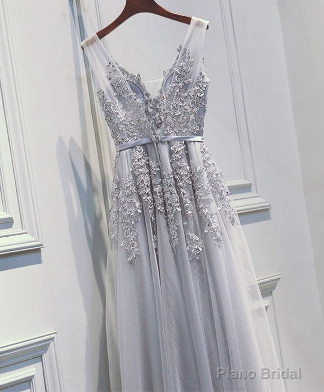 Light Sliver Grey Lace Applique V-neckline Long Party Dress, Light Grey Wedding Party Dress Secondary image