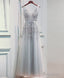 Light Sliver Grey Lace Applique V-neckline Long Party Dress, Light Grey Wedding Party Dress