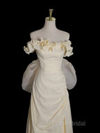 Light Yellow A-Line Satin Off-Shoulder Tulle Long Formal Prom Dresses Graduation Formal Prom Dresses Wedding Dresses