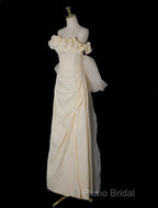 Light Yellow A-Line Satin Off-Shoulder Tulle Long Formal Prom Dresses Graduation Formal Prom Dresses Wedding Dresses