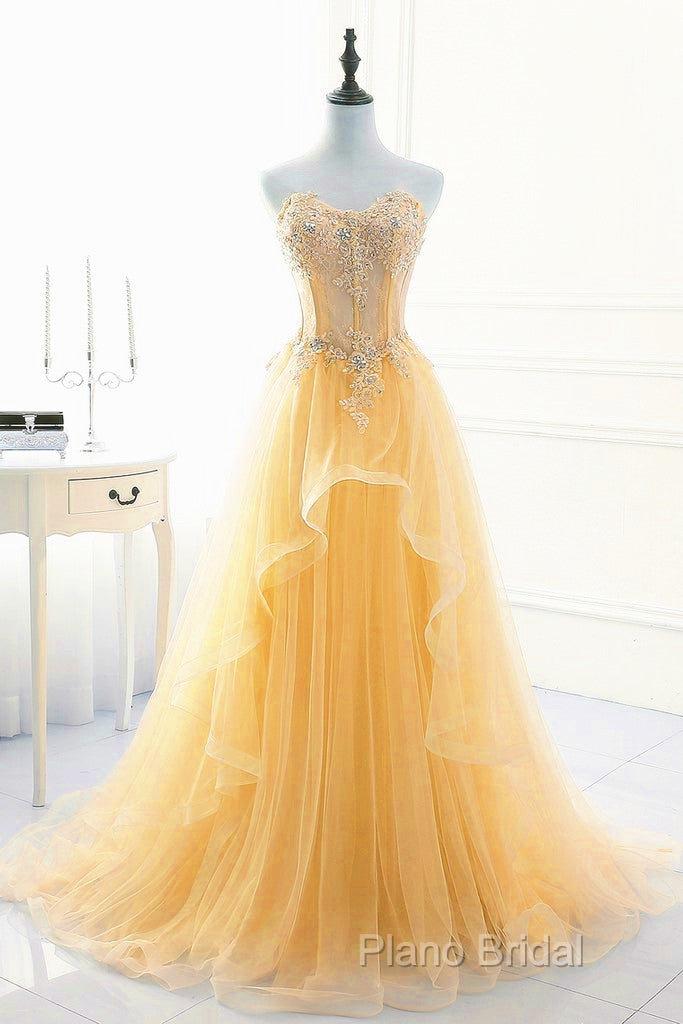 Light Yellow Beaded Tulle Long Party Dresses Formal Prom Dresses, Yellow Formal Dresses Secondary image