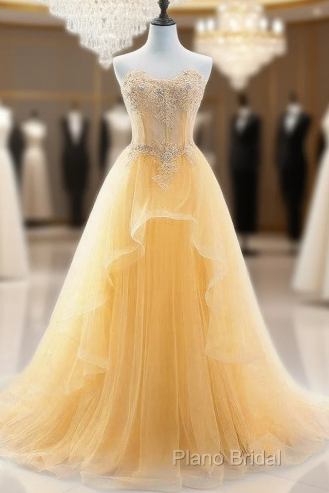Light Yellow Beaded Tulle Long Party Dresses Formal Prom Dresses, Yellow Formal Dresses