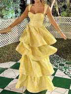 Light Yellow Ruffle Tiered A-Line Long Party Dresses Formal Prom Gown Formal Evening Gown