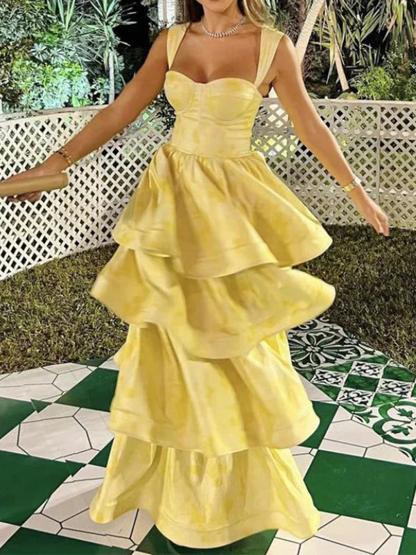 Light Yellow Ruffle Tiered A-Line Long Party Dresses Formal Prom Gown Formal Evening Gown