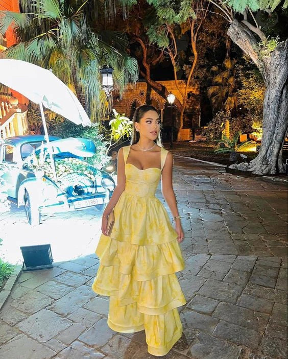 Light Yellow Ruffle Tiered A-Line Long Party Dresses Formal Prom Gown Formal Evening Gown Main image