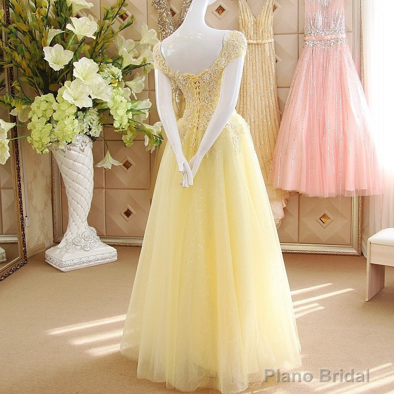 Light Yellow Tulle Cap Sleeves with Lace Applique Prom Dress, Yellow Long Evening Dress Secondary image