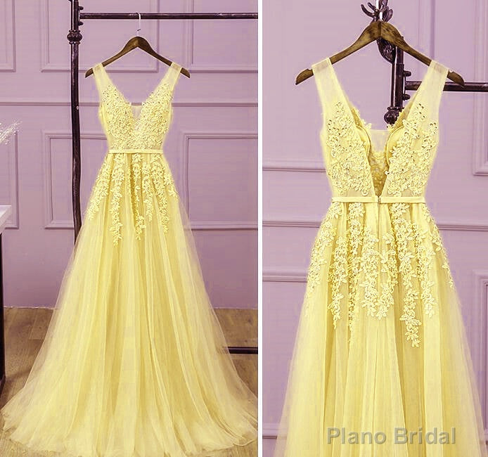 Light Yellow Tulle Long Party Dress, A-line Prom Dress Evening Gowns Main image