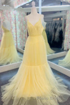 Light Yellow V-Neck Tulle A-Line Long Formal Prom Dresses