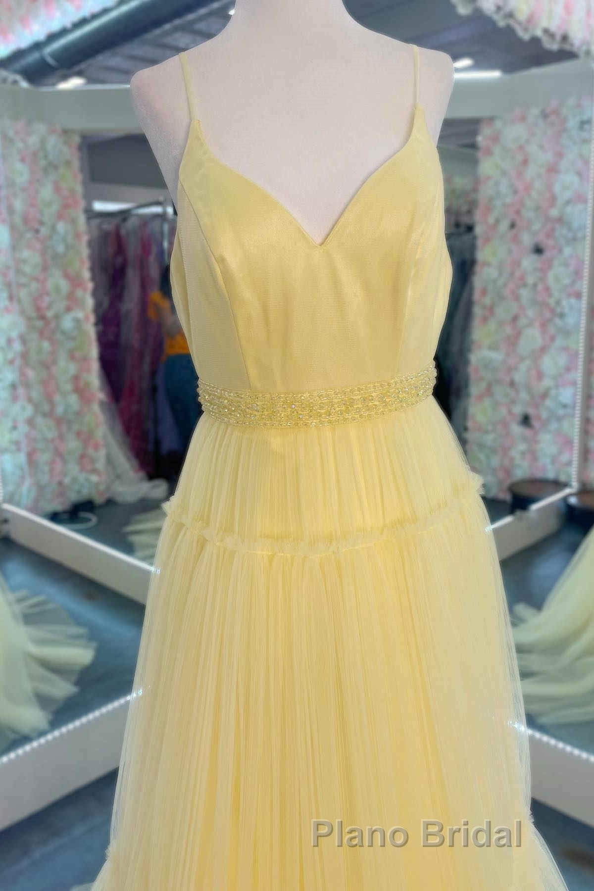 Light Yellow V-Neck Tulle A-Line Long Formal Prom Dresses